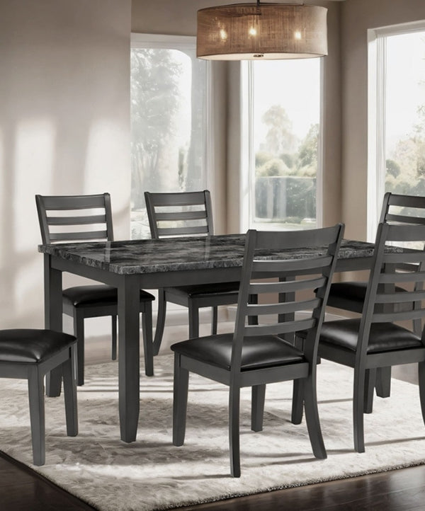 English Elm Simple Classic 7pc Dining Set with Faux Marble Top and Leatherette Chairs for Stylish Gatherings Dark Gray 64 L x 40 W x 15 H B2741P348915