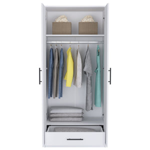 English Elm Rio White Double Door Armoire 71" High with Hanging Rod, Spacious Top Shelf & Hidden Bottom Drawer B128S00112