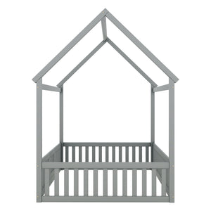 English Elm Full Size Pine House Bed with Pitched Roof Fence and Door for Kids Playroom WF531502AAE