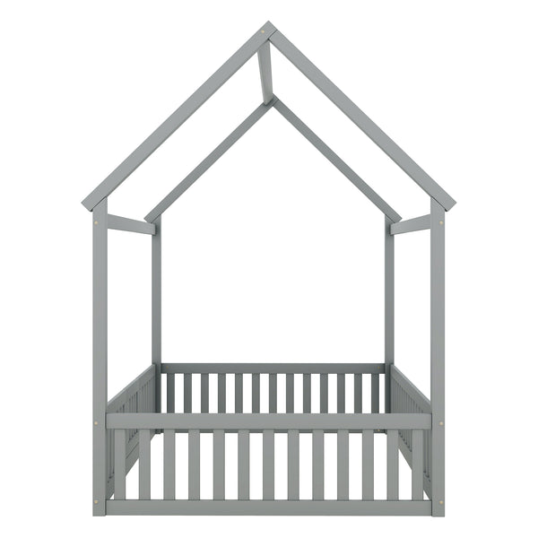 English Elm Full Size Pine House Bed with Pitched Roof Fence and Door for Kids Playroom WF531502AAE