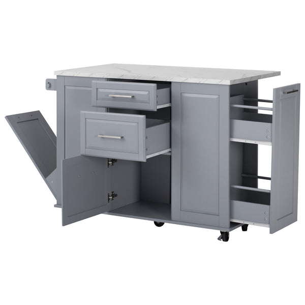 English Elm K&K Vintage Convex Kitchen Island Cart with Faux Marble Top, Tilt Trash, Pull-Out Organizer, Wheels Grey+Blue N707P299008G