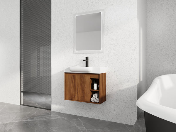 English Elm 28'' 28" Wall-Mounted Bathroom Vanity with White Ceramic Sink, Soft-Close Door, Open Shelves, KD-Pack W999P263409