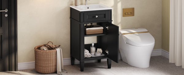 English Elm 18-inch French Style Freestanding Bathroom Vanity with Ceramic Sink Soft Close Storage Black N710P411340B
