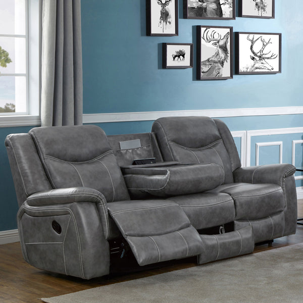 English Elm Hudson Grey Faux Leather Motion Sofa with Dual Recliners, Cupholders, Pop-Up Outlet & Drawer B062P357810