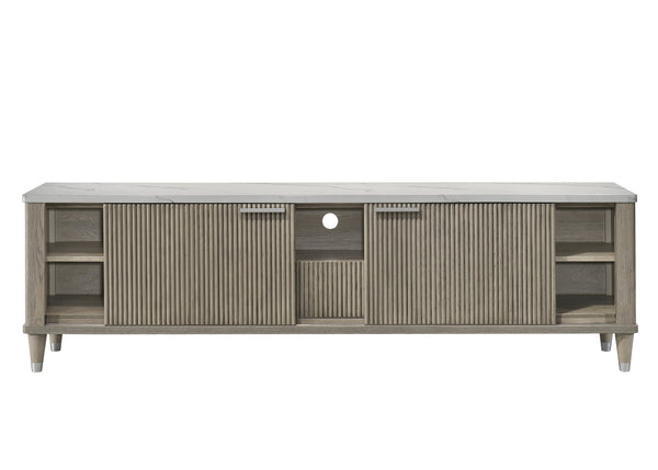 English Elm 1pc Mid-century Media Console Faux Marble Surface Ribbed Cabinet Tapered Legs 79in Driftwood,White B2741P483127