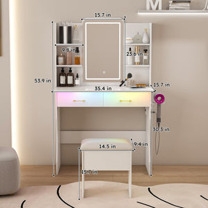 English Elm Vanity LED RGB Dressing Table with Power Outlets, Large Storage Drawers, 3 Light Modes & Stool W509P297013