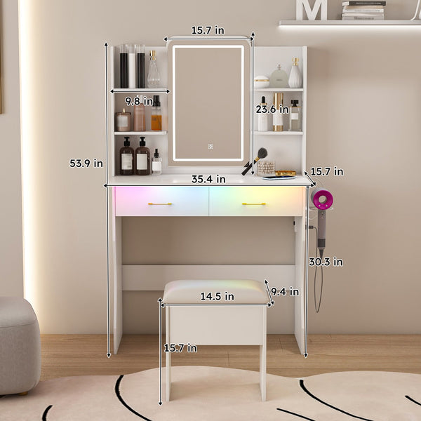 English Elm Vanity LED RGB Dressing Table with Power Outlets, Large Storage Drawers, 3 Light Modes & Stool W509P297013