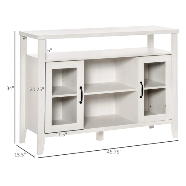 English Elm Modern White Sideboard Buffet with Glass Doors Open Shelving and Distressed Wood Finish T3971P470306