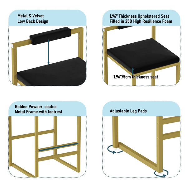 English Elm Modern Velvet Counter Height Bar Stools Set Of 2 - Stylish Gold & Black Upholstered Dining Chairs W1757P310419