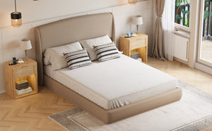 English Elm Upholstered Queen Platform Bed Curved Wingback Linen Headboard Modern Bedroom Frame Brown N733S439498N