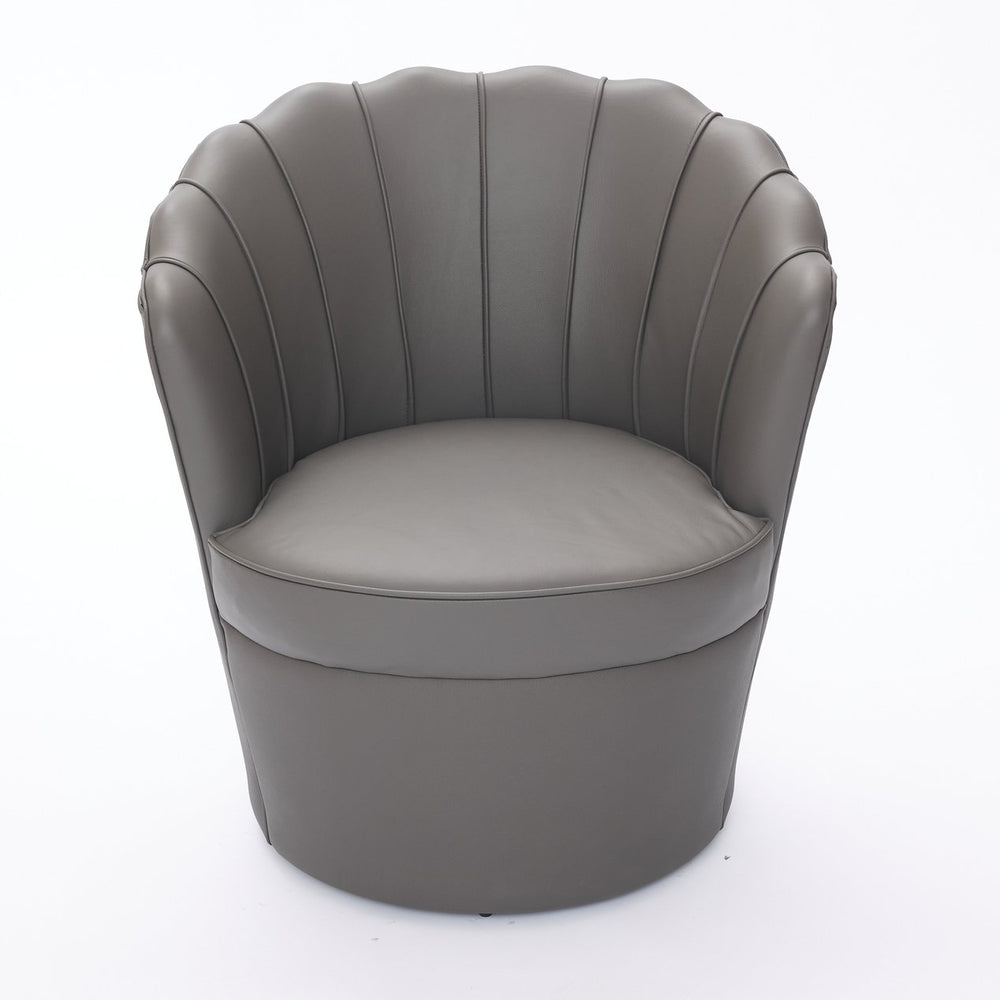 English Elm Gray Petal Swivel Chair with 360° Silent Metal Base, Top-Grain Leather Wingback Accent Seat, Curved Fluted Design W570P375747
