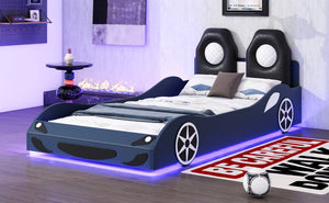 English Elm Wood Twin Race Car Platform Bed with LED Lighting, Upholstered Headrest, Sturdy Pine Build Blue GX002218AAC