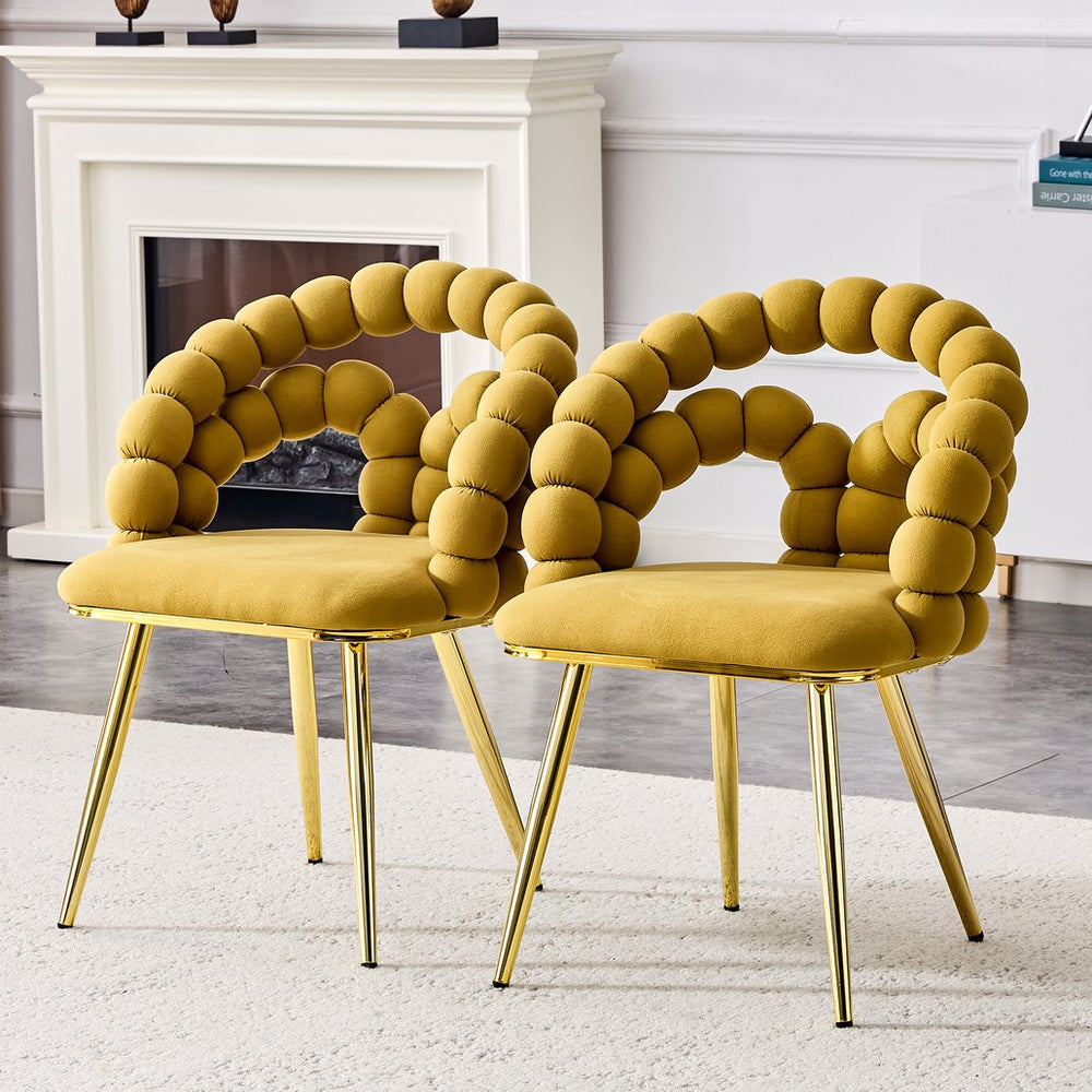 English Elm Set of 2 Velvet Bubble Backrest Dining Chairs with Sculptural Form and Glam Metal Legs Gold,Yellow W3875P370844