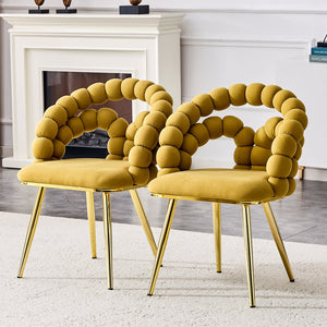 English Elm Set of 2 Velvet Bubble Backrest Dining Chairs with Sculptural Form and Glam Metal Legs Gold,Yellow W3875P370844