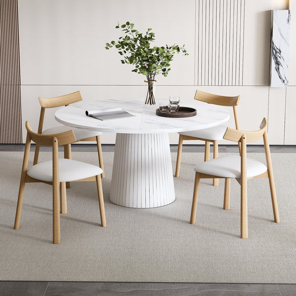 English Elm Retractable Rock Slab Dining Set with Leather Wrapped Base for Compact Apartments White W2700S00127