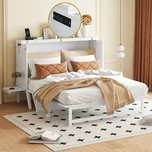 English Elm Queen Murphy Cabinet Bed Solid Pine Build with Usb Charging and Fold Out Desktop White W504S00168