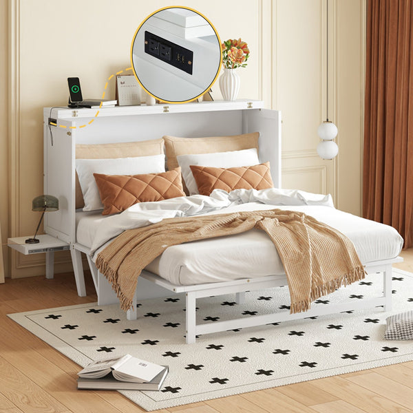 English Elm Queen Murphy Cabinet Bed Solid Pine Build with Usb Charging and Fold Out Desktop White W504S00168