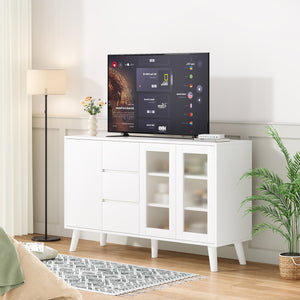 English Elm Farmhouse Buffet Cabinet with Pop-Up Doors and 3 Drawers — Rustic 55.5" Sideboard for Dining Room White T3623P408444