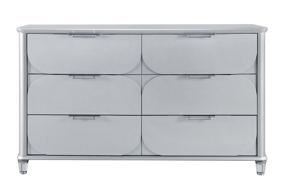 English Elm LAURA Solid Wood Chest with Spacious Drawers, Sleek Metallic Finish, Bun Feet & Acrylic Accent Legs Silver 65.87 L x 20.16 W x 37.95 H B201P294308