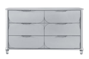 English Elm LAURA Solid Wood Chest with Spacious Drawers, Sleek Metallic Finish, Bun Feet & Acrylic Accent Legs Silver 65.87 L x 20.16 W x 37.95 H B201P294308