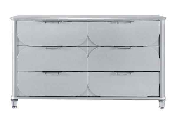 English Elm LAURA Solid Wood Chest with Spacious Drawers, Sleek Metallic Finish, Bun Feet & Acrylic Accent Legs Silver 65.87 L x 20.16 W x 37.95 H B201P294308