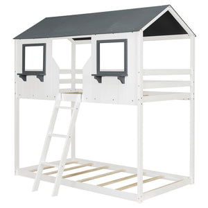 English Elm Twin Over Playhouse Bunk Bed Solid Pine Frame with Roof Windows Guardrail LT100045AAK-1