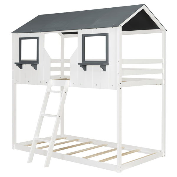 English Elm Twin Over Playhouse Bunk Bed Solid Pine Frame with Roof Windows Guardrail LT100045AAK-1