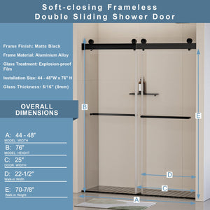 English Elm 44-48 in Frameless Double Sliding Shower Door Clear Tempered Glass Matte Black Hardware W1920P181714