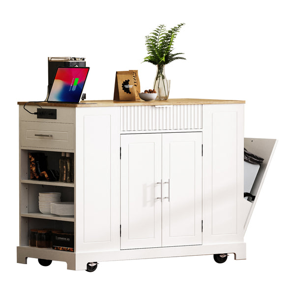English Elm K&K Fluted Kitchen Island Cart with Tilt-Out Trash, Charging Station, Hidden Wheels & Ample Storage White N707P221571W