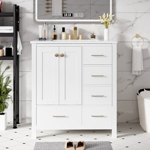 English Elm 30'' Bathroom Vanity With Ceramic Sink Combo - Elegant Freestanding Storage Cabinet & 4 Drawers N710P194420K