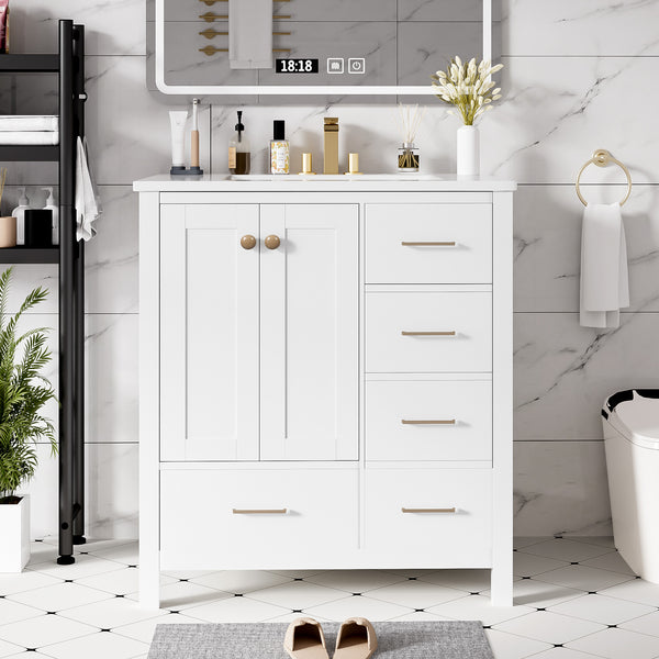 English Elm 30'' Bathroom Vanity With Ceramic Sink Combo - Elegant Freestanding Storage Cabinet & 4 Drawers N710P194420K
