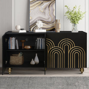 English Elm Modern Fluted Four Door Sideboard Matte Black Glam Cabinet with Gold Accent Feet W1445P256479
