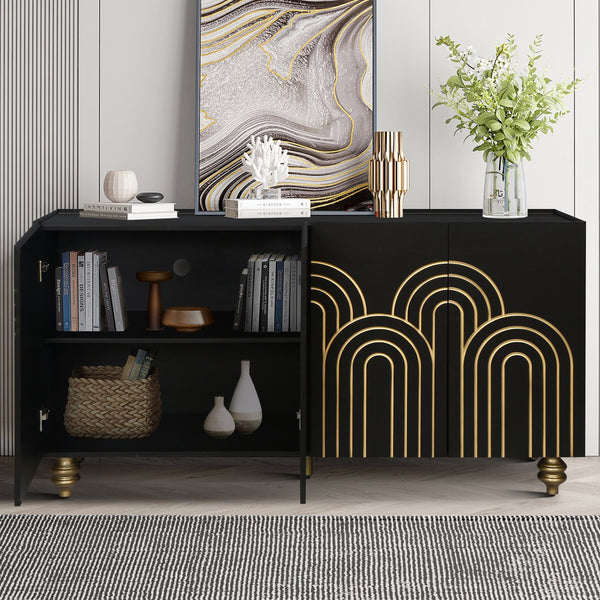 English Elm Modern Fluted Four Door Sideboard Matte Black Glam Cabinet with Gold Accent Feet W1445P256479
