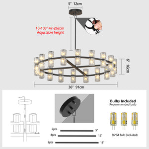 English Elm (L005030-D36-P36B/W1340P310778)36 Double Crystal Ring LED Chandelier, Modern Luxury Ceiling Light, Bulbs Included W1340P310778