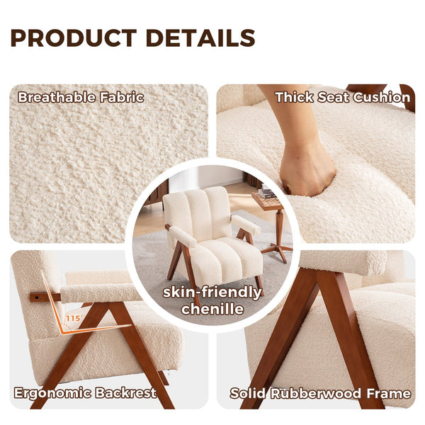 English Elm Mid-century Modern Chenille Lounge Chair Set Oak Frame Cloud Silhouette Living Room Beige W1170S00052