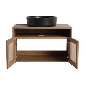 English Elm 30" Modern Wall-Mounted Bathroom Vanity With Black Ceramic Sink, Soft-Close Doors, Oak Finish W999S00398