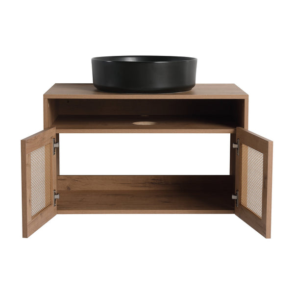 English Elm 30" Modern Wall-Mounted Bathroom Vanity With Black Ceramic Sink, Soft-Close Doors, Oak Finish W999S00398