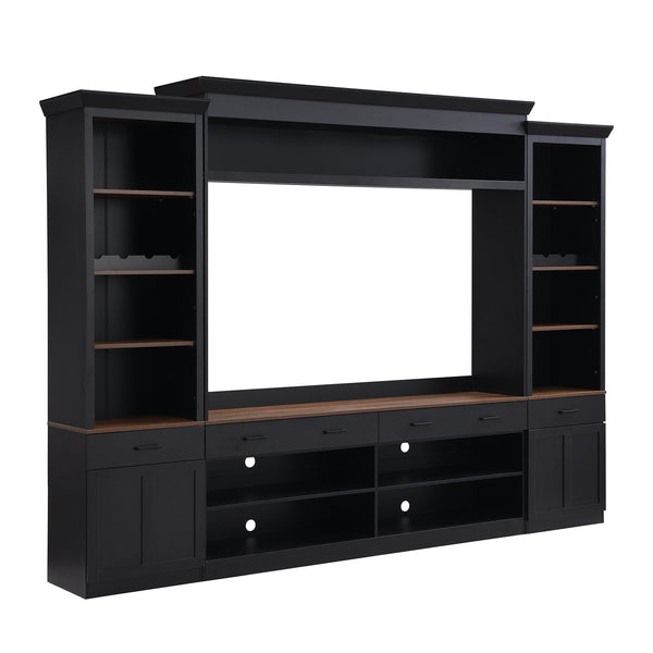 English Elm Farmhouse Mid-century Entertainment Center Walnut Black with Wine Rack for Living Room N721S000046B-2