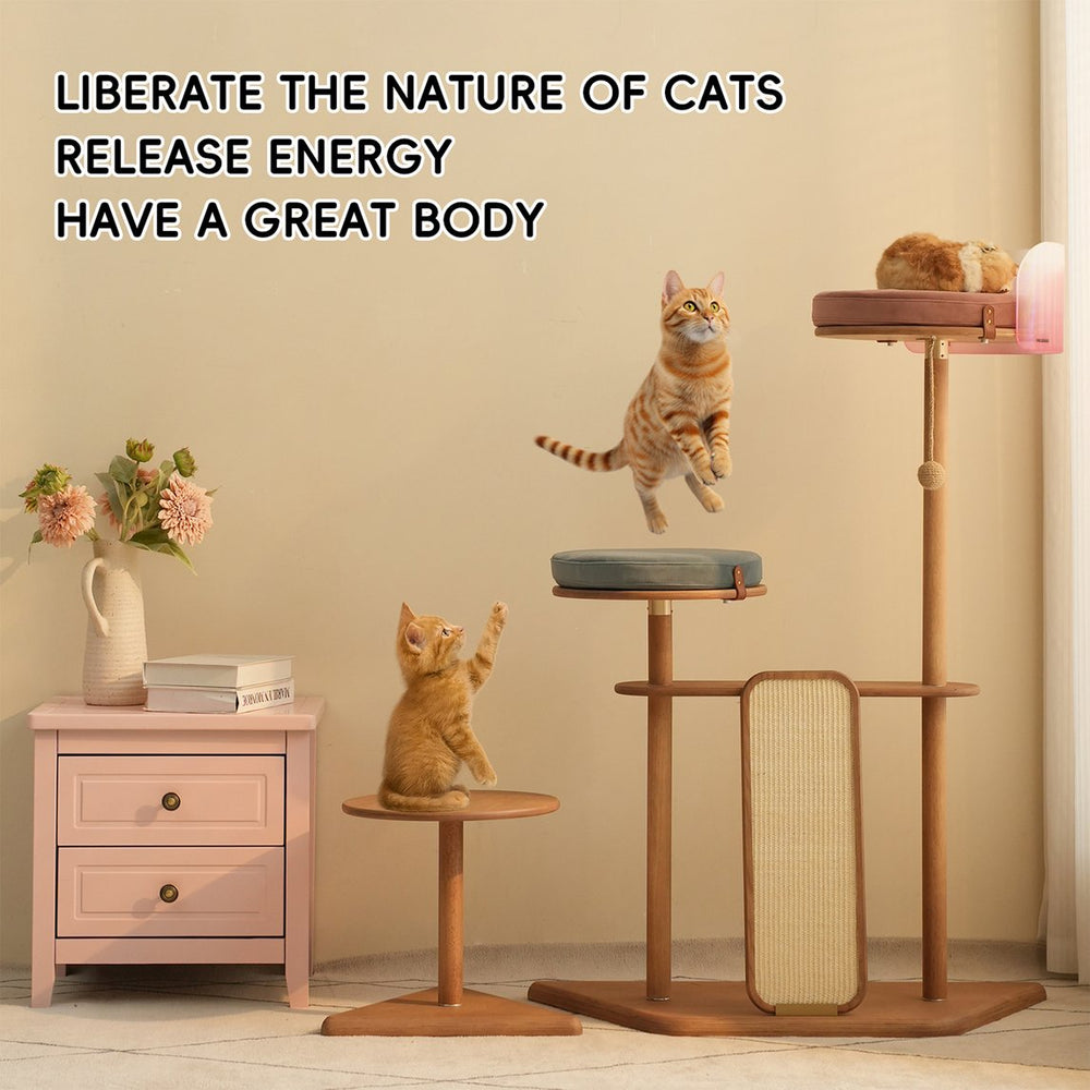 English Elm Geometric Cat Tower Oak Veneer Rubberwood Sisal Chenille Acrylic Pod Modern Home W3136P445672