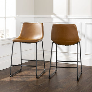 English Elm Walker Edison - Industrial Faux Leather Counter Stools Set of 2 Whiskey Brown — PU Upholstery, Powder-Coat Steel Legs, Easy-Clean Stylish Design. B185P169315