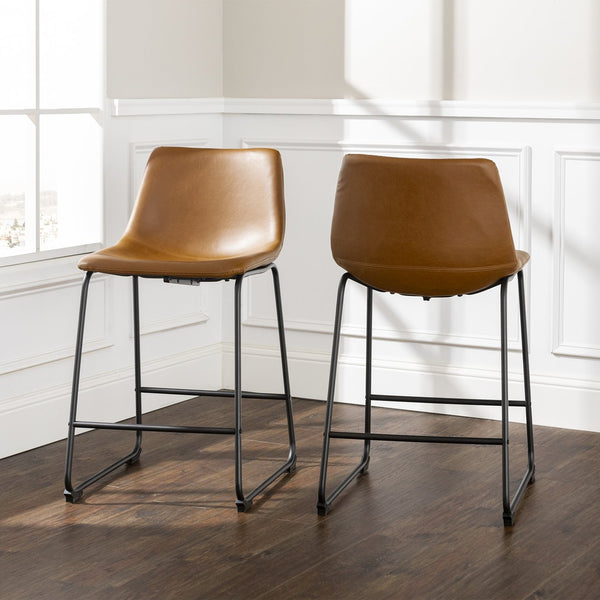 English Elm Walker Edison - Industrial Faux Leather Counter Stools Set of 2 Whiskey Brown — PU Upholstery, Powder-Coat Steel Legs, Easy-Clean Stylish Design. B185P169315