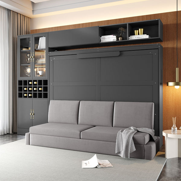 English Elm Queen Murphy Wall Bed Sofa with Open Shelving Usb Charging and Integrated Studio Lighting Gray LP100764AAE