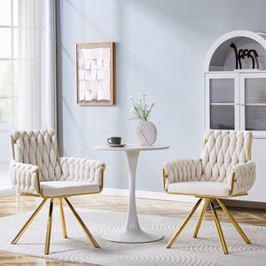 English Elm Set of 2 Velvet Upholstered Dining Chairs Braided Rope Back Glam Metal Legs Beige,Gold W3875P383929
