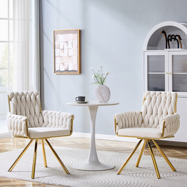 English Elm Set of 2 Velvet Upholstered Dining Chairs Braided Rope Back Glam Metal Legs Beige,Gold W3875P383929