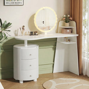 English Elm Modern Minimalist Vanity with Lighted Mirror Three Drawers and Cylindrical Side Cabinet W3767S00003