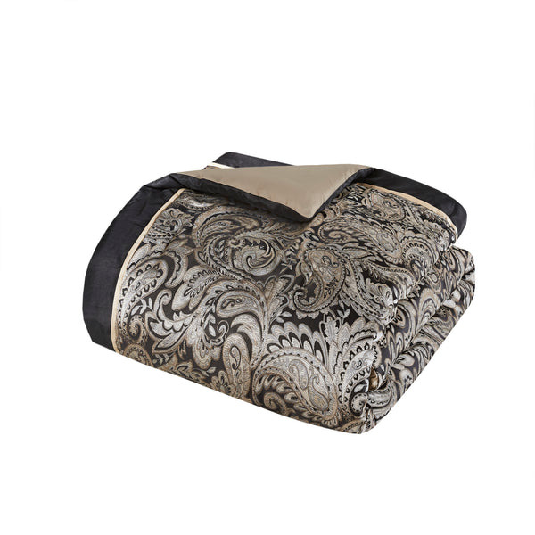 English Elm 12 Madison Park Aubrey 12-Piece Queen Comforter Set Paisley Jacquard with 200TC Cotton Sheets, Gold Accents Black 18.9 L x 24.02 W x 15.35 H B035128819