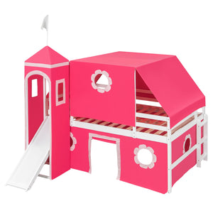 English Elm Full Size Kids Castle Loft Bed with Slide Tent Tower Pinewood Play Zone LT000772AAH-2