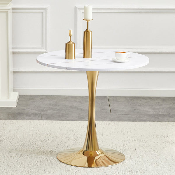 English Elm Round Faux Marble Tulip Pedestal Dining Table Mid Century Modern for Small Bistro Spaces Gold+White W2920P400992