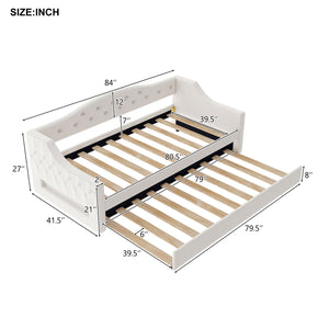English Elm Upholstered Twin XL Daybed with Built-In LED Belt and Trundle, Linen Backrest, Modern Guest Bed Beige DL002050AAA