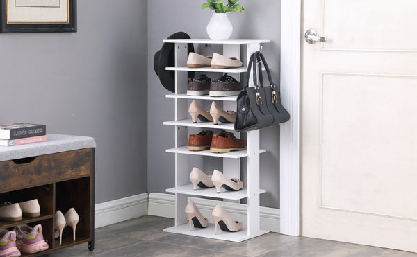 English Elm Vertical 7-Tier Shoe Rack with Hooks — Space-Saving White Organizer for Entryway, Closet, Garage W3151P345978